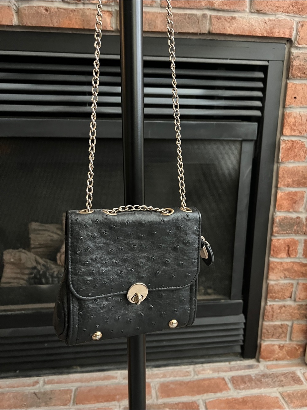 Black Faux-Ostrich Crossbody Handbag with Chain Strap